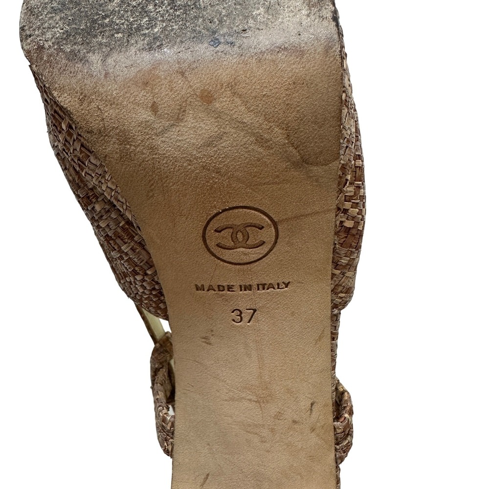 Chanel Tweed CC‎ Interlocking Bronze Raffia Slingback Platform Heels Cap Toe 37 - Picture 7 of 13